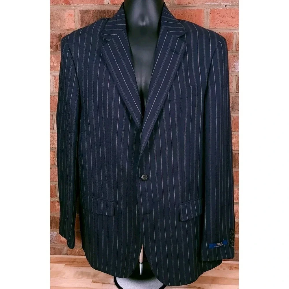 Polo Ralph Lauren Linen Wool Blue Stripe Blazer Suit Jacket Size‎ 42 L Italy NEW